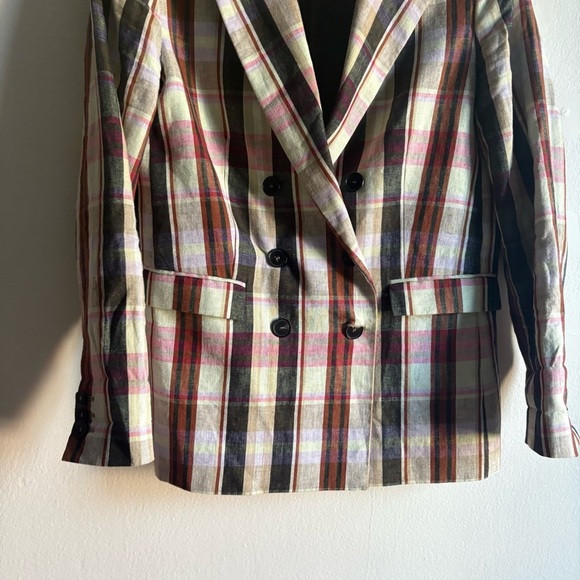 Mango Sz M Linen Blend Plaid Relaxed Double Breasted Academia Blazer - Picture 7 of 10